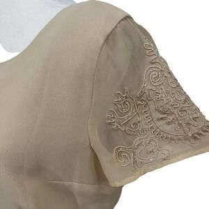 Vintage 80’s Donna Morgan Midi Dress Peplum Beaded Shoulder Cream‎ Tan Size 6